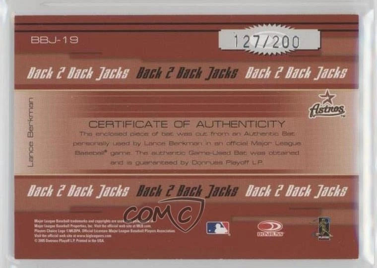 2005 Donruss Elite Back 2 Back Jacks /200 Lance Berkman #BBJ-19 - Image 2 of 2