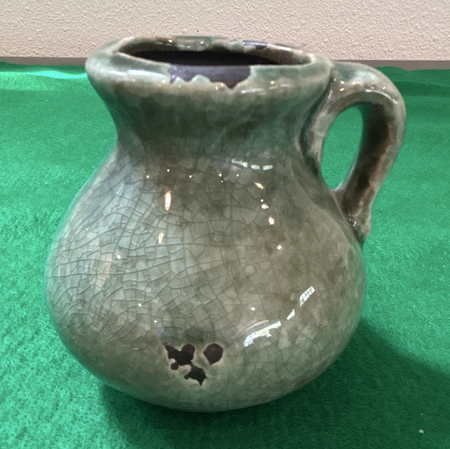 Vintage Stoneware Green Crackle Glaze Ceramic Pottery Pitcher 4 Inches