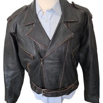 Vtg 1980s Motorcycle Jacket Mens XXL Brown Leather Off Center Zipper Distressed