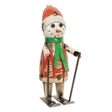 NEW Primitive SKIING SNOWMAN RECYCLED METAL WINTER CHRISTMAS  12"Hx4.5"Wx5"D