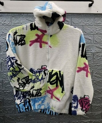 New Acorn Design Full Zip Printed Graffiti Fleece Hoodie Multicolor Size XL