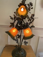 Vintage 80s Art Deco Nouveau Bronze Style  Table Lamp Grape Vine Glass Shade