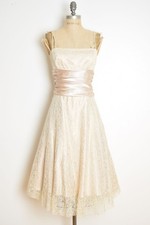 vintage Y2K prom dress beige lace satin full midi party cocktail tea length M