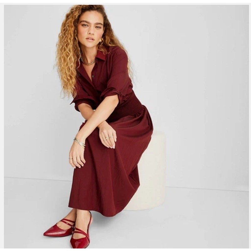 Women's Collared Long Sleeve Smocked Midi Shirtdress XS
