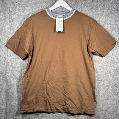 Vintage NWT 90s Basic Editions Brown Multicolor Collar T Shirt Mens Size M 21x28