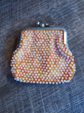 Vintage Orange and Yellow Beaded Clasp Change Coin Purse 4 x 4  
