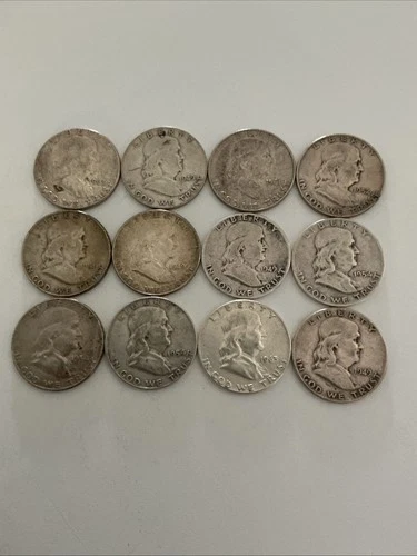 Franklin Half Dollar Lot of 12 Silver 50C Coins Various Years Circulated