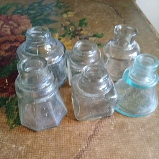 Mixed lot 6 Old Antique Ink Bottles Carters Aqua Blue Clear Cone Square Round