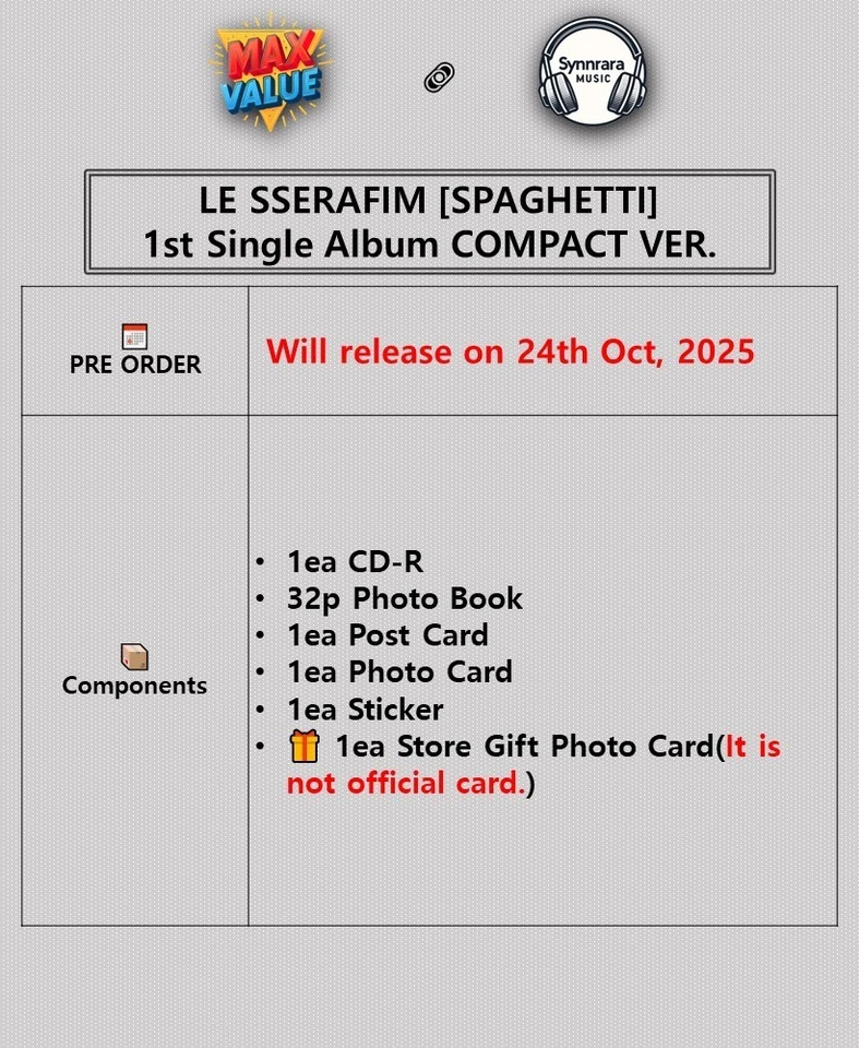 LE SSERAFIM [SPAGHETTI] 1st Single Album COMPACT Ver/CD+Photo Book+2 Card+GIFT - Image 2 of 4