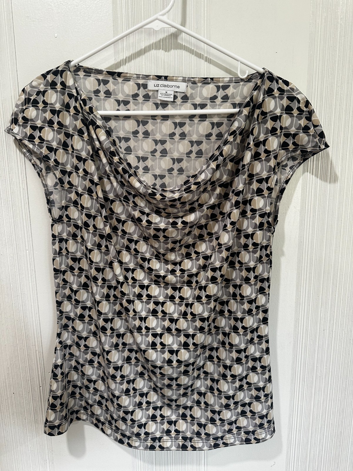 Liz Claiborne Career Women’s Geometric Top Blouse XL Cowl Neck Cap Sleeve Size M