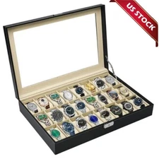 24 Slots Watch Box PU Leather Watch Case Organizer Watch Display Case Lockable ~