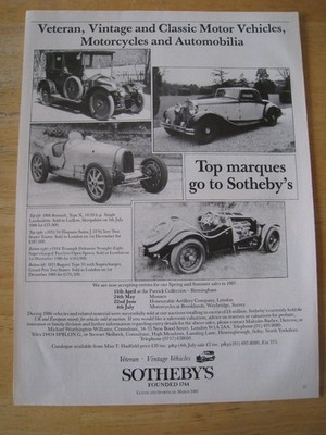 SOTHEBY'S VETERAN OLDTIMER FAHRZEUGE TOP MARQUES SOTHEBYS 1987 WERBUNG A4 AKTE 47