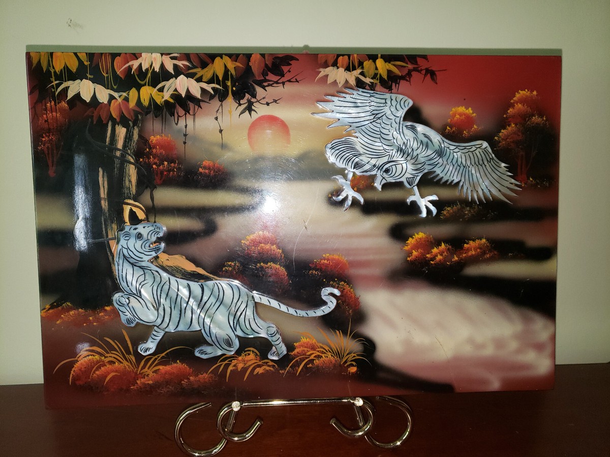 ベトナム木製 壁掛絵画 Vintage Vietnamese Lacquer Wood Art Panel w Mother of Pearl Tiger