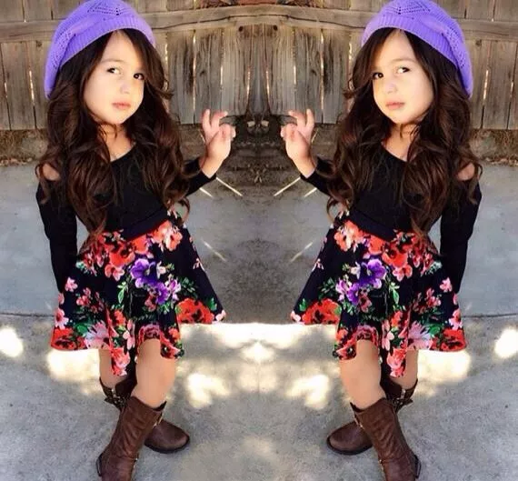 2PCS Baby Girls Dress Long Sleeve T shirt Floral Skirt Set Kids