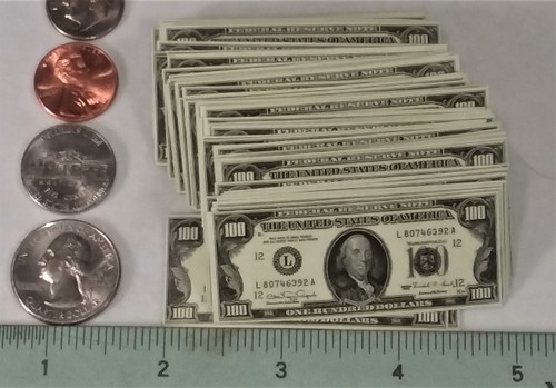 61 MINI $100 BILLS PRINTED ON GRAY CARDSTOCK- NEW- 2 1/2" x 1" EACH