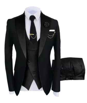 Men s Peak Lapel Black 3-Piece Tuxedo Jacket 46'' Trousers 42''