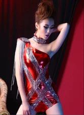 One Shoulder Bodysuit Leotard Bling Tassel Dancer DJ Flapper Festival Outfit