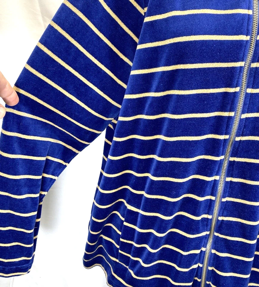 Quacker Factory Jacket Womens Sz XL Stripe Lurex Knit Velvet Zip Front Blue/Gold - Image 2 of 4