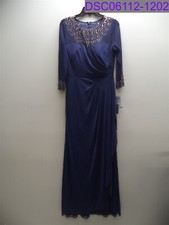 Women's Size 8 Alex Evenings Ruched Illusion Mesh Sheath Gown Jeweled Neck Blue
