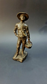 Wonderful 1900 1930s Italian? Well Cast Bronze Figure of Young Boy w Fish Basket