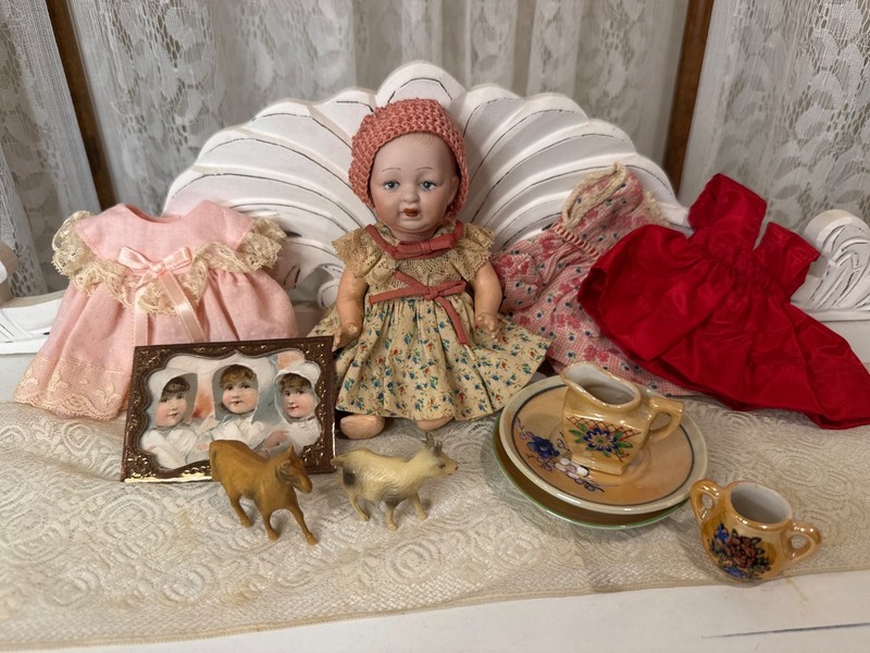 6 1/2" Antique German Baby w/ Clothing & Accessory Lot