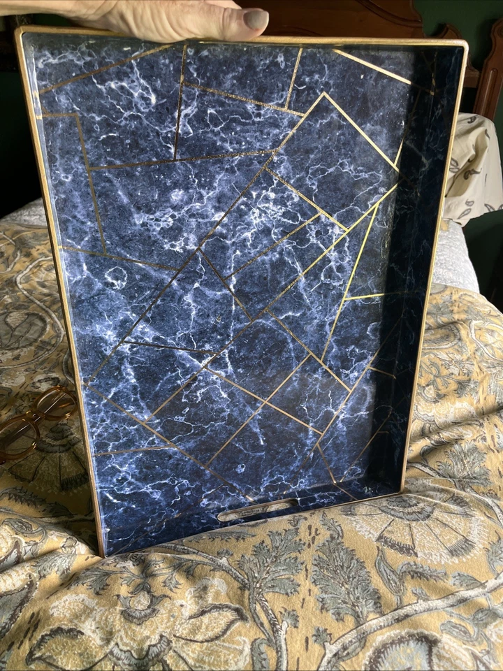Blue And Gold Marble Serving Tray with Gold Rim - 15.7x10.2 Inches - Image 3 of 4