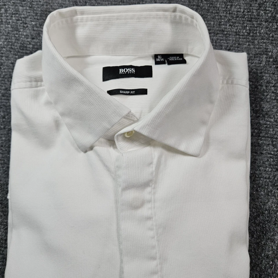 Hugo Boss 16 码 34/3 男式白色法式袖口锋利版型 100% 棉长袖 — 第 2/4 张图片