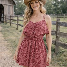 American Eagle Red Floral Boho Mini Dress Strappy Ruffle Size S