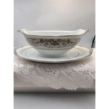 Vintage Noritake Bone China Gravy Boat and Underplate Floral Silver Trim