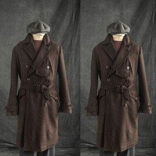 Dark Brown Men's Overcoats Belted Wool Double Breasted Casual Outwear Long Coat