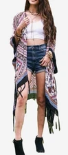 Multicolor Shawl Sweater Cover Open  Kimono Renaissance Boho Fringe Festival Top