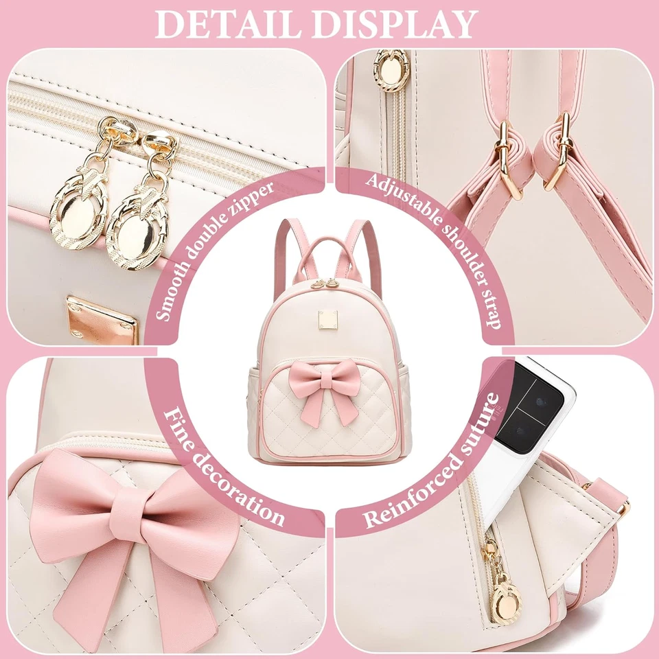 Mini Backpack for Girls Cute Bow Backpack Leather Small Backpack Purse for Women - Image 4 of 4