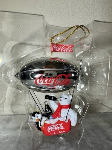 Vtg Coca-Cola Platinum Series 2001 Christmas Ornament Polar Bear &Penguin Blimp