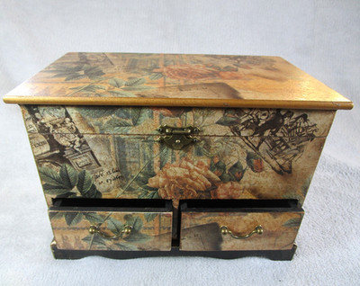 Schöne Vintage große Decoupage Design 2 Schubladen Schmuckkästchen Floral mit Klappdeckel