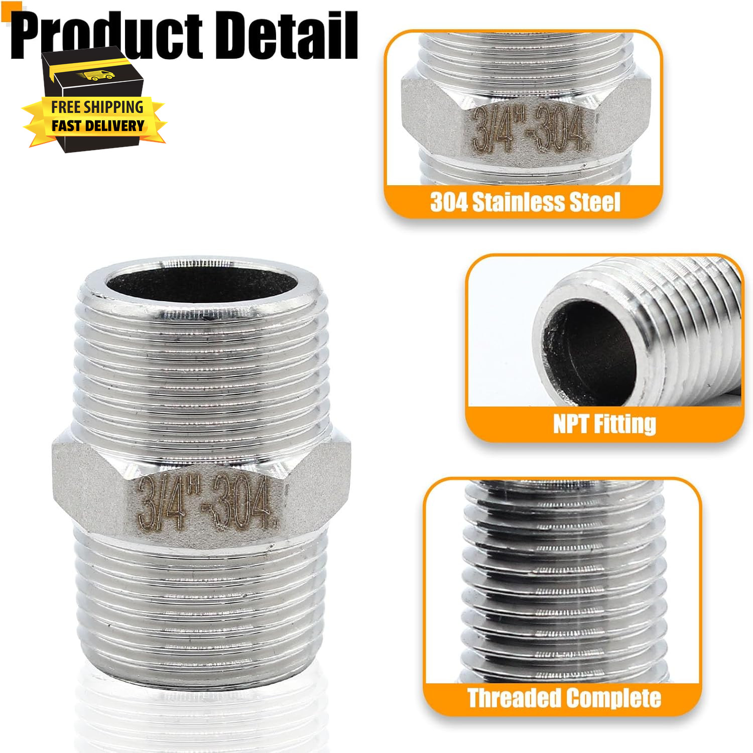 4 Pcs 3/4" X 3/4" NPT Male Hex Nipple, 304 Stainless Steel Threaded Pipe Fitting