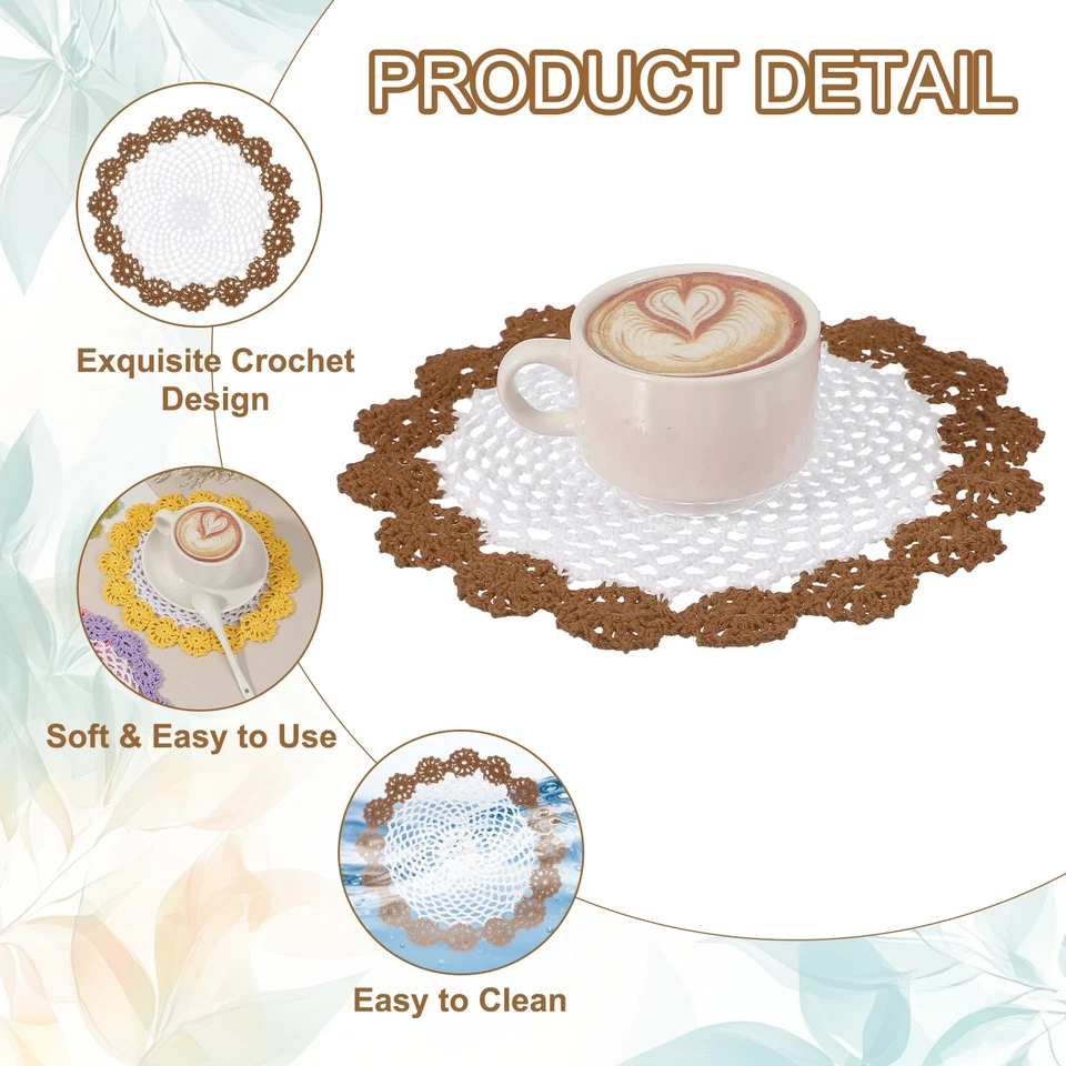 1 pieza tapetes hechos a mano de ganchillo 8,2" manteles individuales posavasos de encaje blancos, café Foto 3 de 4