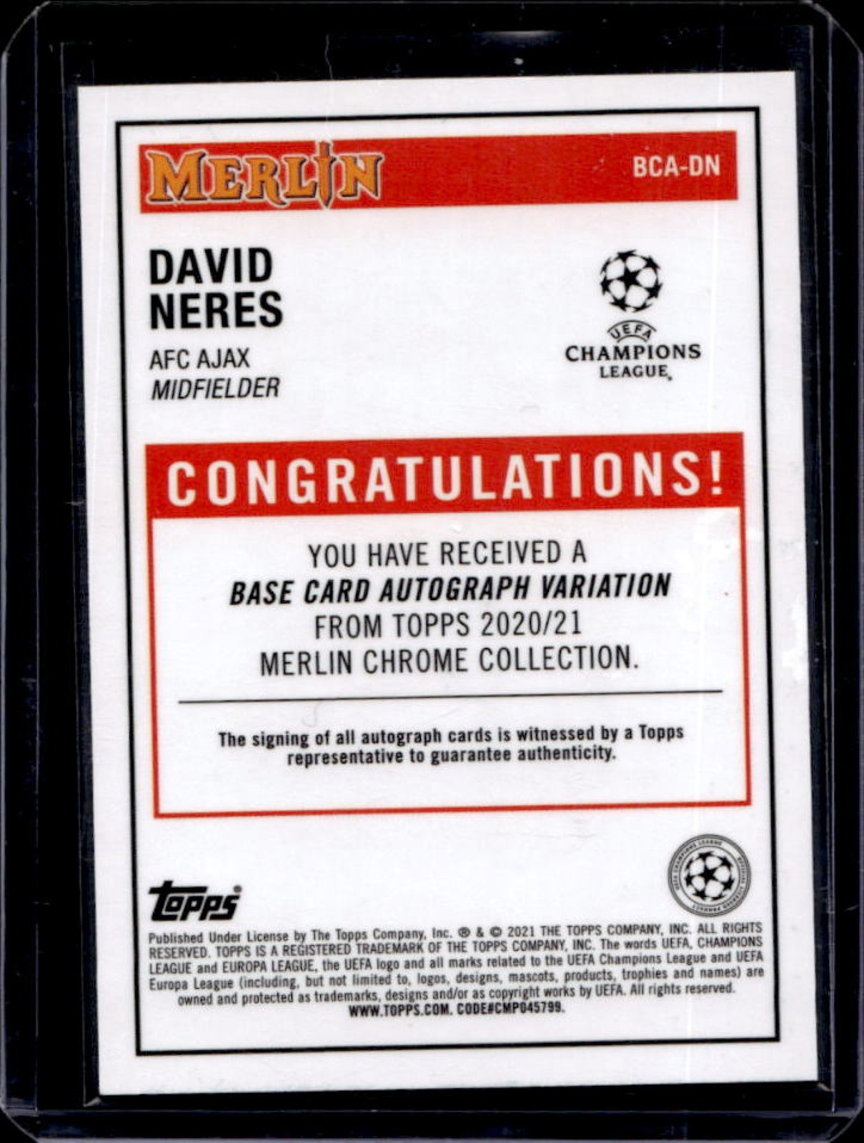 2020-21 Topps Merlin Chrome UEFA David Neres Auto Autograph #BCA-DN view 2
