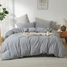 Striped Duvet Cover Set Queen Size 100 Washed Cotton Linen Touch Natural Wri...
