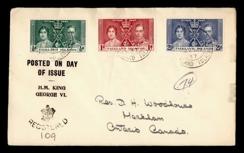 DR WHO 1937 FALKLAND ISLANDS FDC KGVI CORONATION REGISTERED COMBO M70765