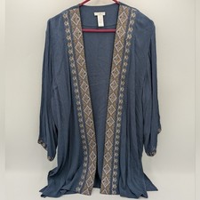 J. Jill Embroidered Kimono Boho Festival Open Front Geometric Blue One Size