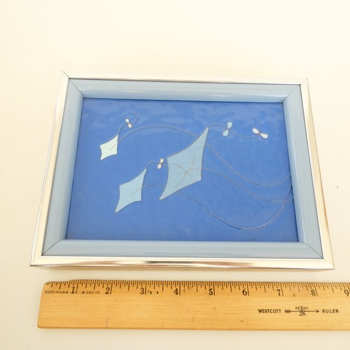 Flo Sanders Enamel on Copper Kites Blue Sky Framed Art MCM Signed Vintage - Picture 8 of 9