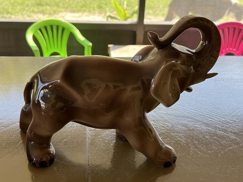 Vintage Large Ceramic Elephant Figurine with Wood Tusks Trunk Up - Picture 7 of 8