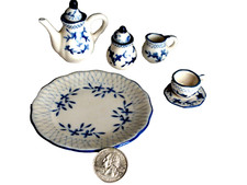 miniature coffee tea pot cup plate vtg 5 pc set doll house dish porcelain Blue