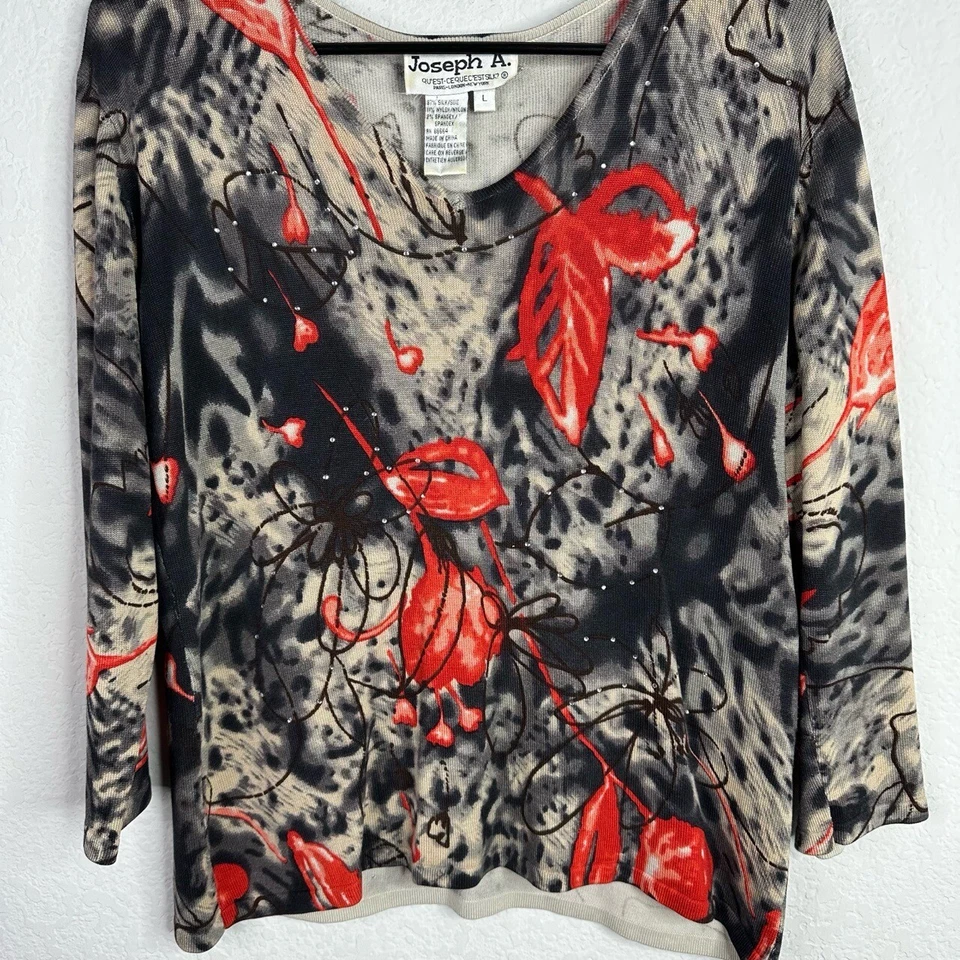 Camisa Joseph A Mujer L Roja Seda Manga Larga Lentejuelas Artística Floral Oscura Romántica Foto 3 de 4