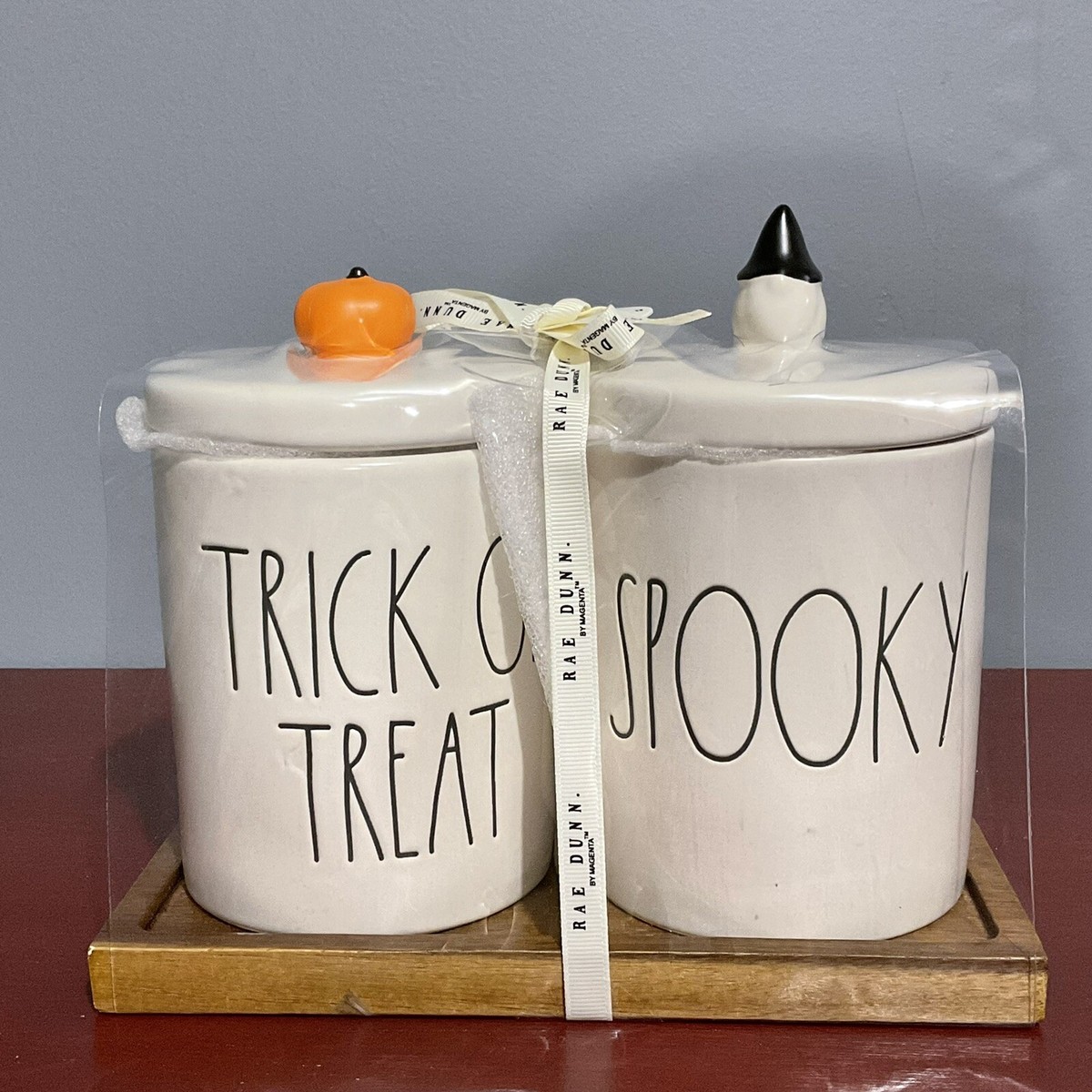 Rae Dunn Happy Halloween canister white, Orange trick or treat canister