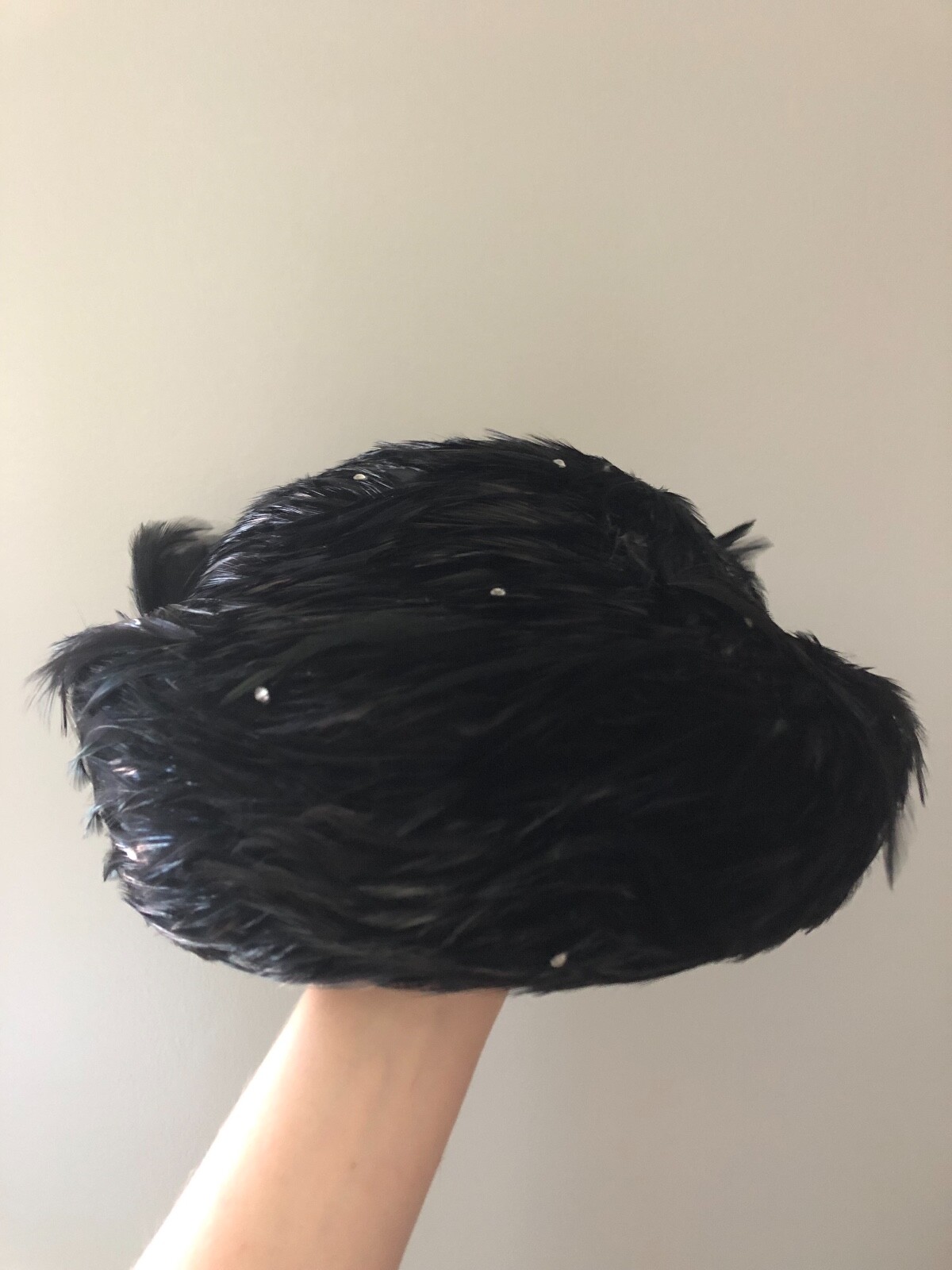 Vintage woman's black hat with feathers and sequins. Jack McConnell, Wool base image 4