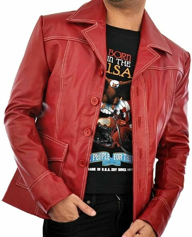 Fight Club Brad Pitt Leather Jacket Men s Shirt Four Button Red