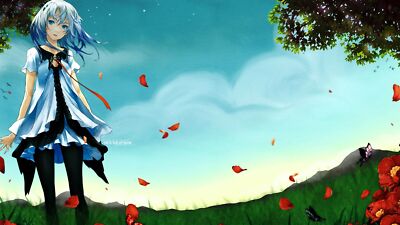 Anime girls beatless blue hair eyes standing outdoors Playmat Game Mat Desk