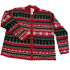 L Vtg Heirloom Collectibles Cardigan Sweater Full Zip Christmas Fair Isle Ramie