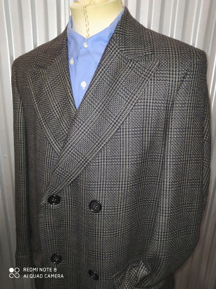 Casaco polo de lã tweed 40R vintage peito duplo azul marrom príncipe de Gales - Imagem 2 de 4